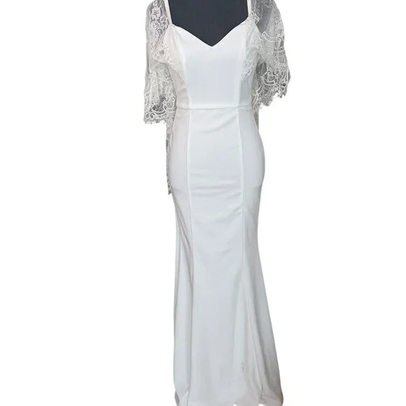 Lulus White Lace Overlay Bridal Gown With V-Back & Flutter Sleeves - Picture 5 of 10